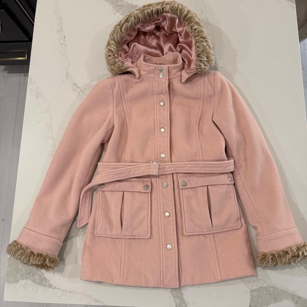 Express Button Front Wool/Cashmere Blend Pea Coat Faux Fur Trim Women’s 6 Pink